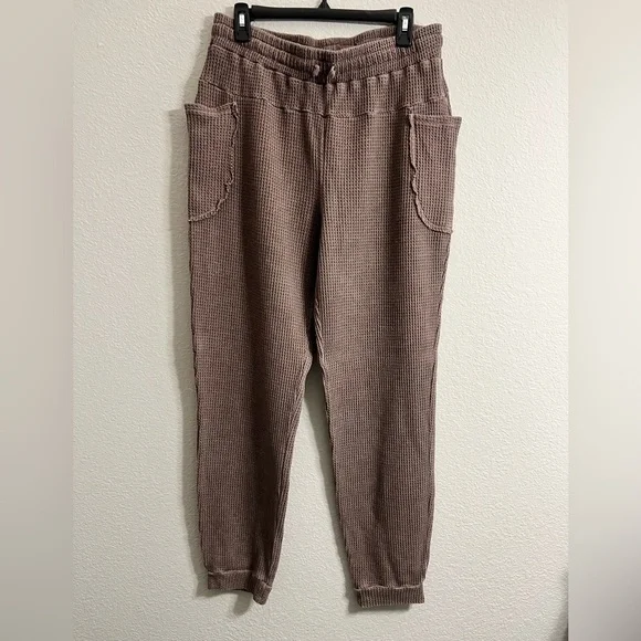 Rae Mode Women’s Waffle Knit Jogger Pants with Drawstrings in Brown - Picture 2 of 9